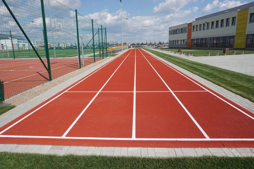 A sprinting track on a school's sports field.