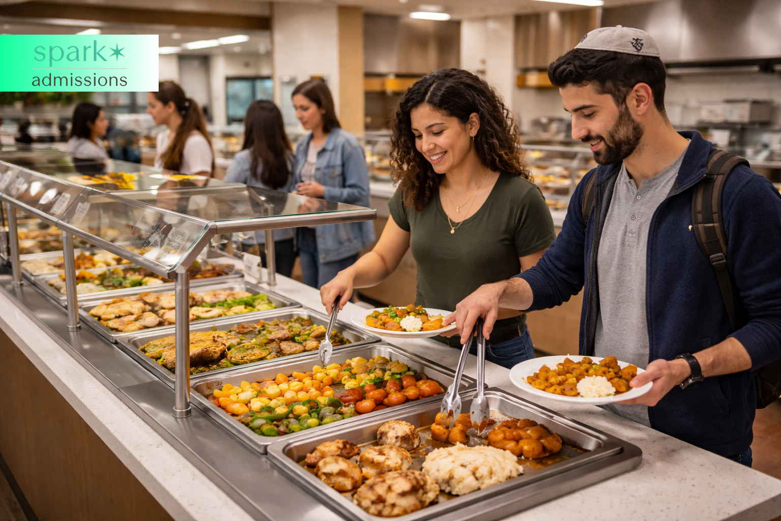 young adults serving themselves food at a cafeteria buffet line with hot dishes and vegetables
