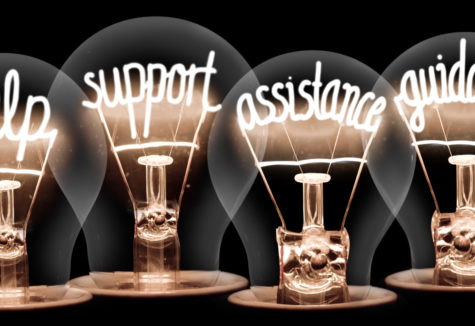 Lightbulbs whose internal filaments seem to write 'help', 'support', 'assistance', and 'guidance'.