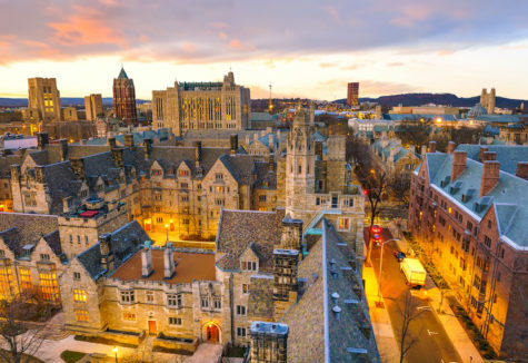 A sundown view of the buildings on the Yale University campus.