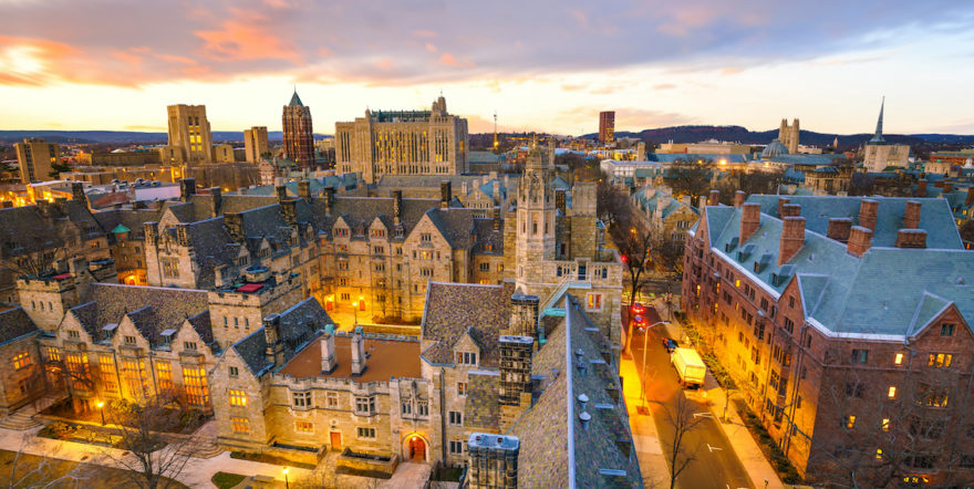 A sundown view of the buildings on the Yale University campus.