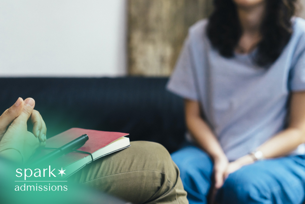 Mental health counseling session with therapist and client talking in a private office.