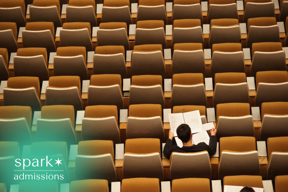 Student reviewing notes while sitting alone in an otherwise empty university lecture hall.