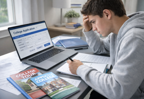 High school student filling out a college application on a laptop while reviewing notes and brochures, looking focused and slightly stressed.