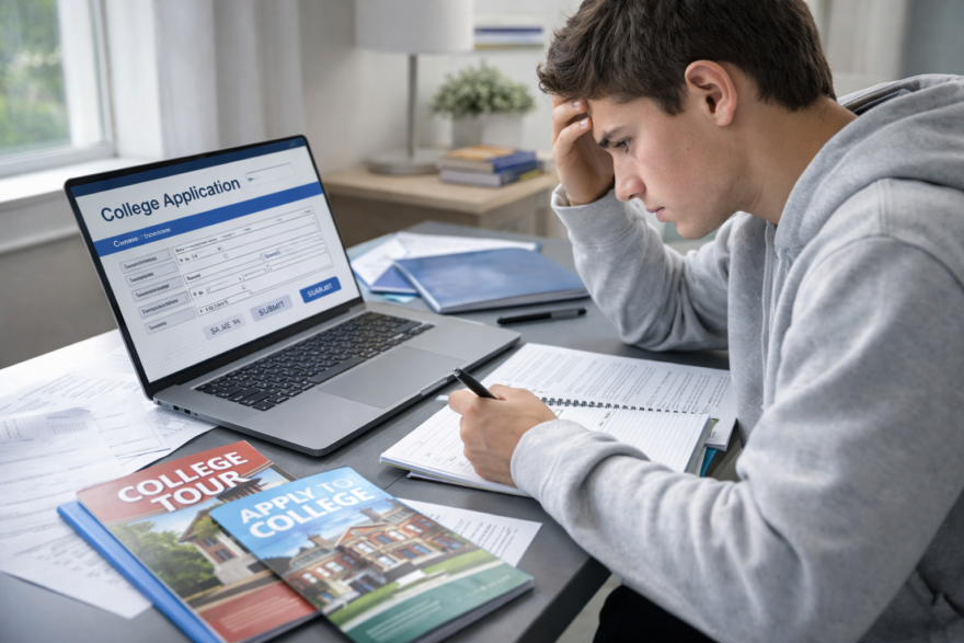 High school student filling out a college application on a laptop while reviewing notes and brochures, looking focused and slightly stressed.