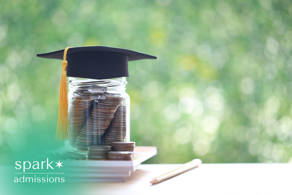 Graduation cap on a jar of savings with books symbolizing college education funding