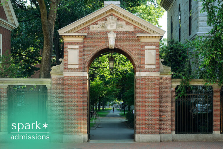 Historic brick archway entrance to a prestigious university campus, leading to a tree-lined walkway and symbolizing college admissions, academic opportunity, and higher education.