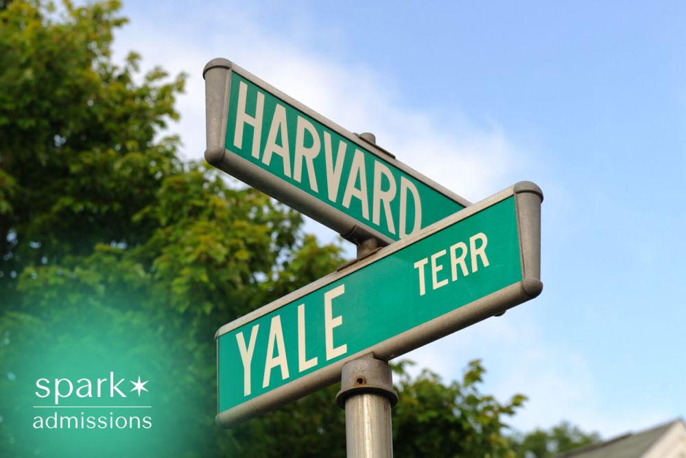 Street signs labeled Harvard and Yale symbolizing Ivy League college admissions, elite university choices, and the decision between top-ranked institutions.