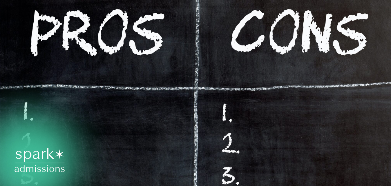 Chalkboard displaying a pros and cons comparison chart, representing how students and families evaluate college options and make informed admissions decisions.