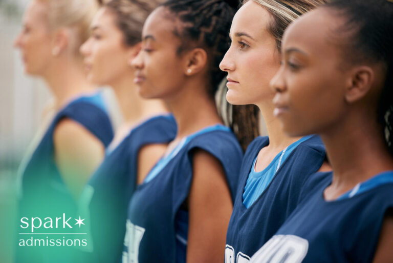 Diverse student athletes standing in a team lineup before a competition, representing high school sports, athletic recruitment, and college admissions opportunities.