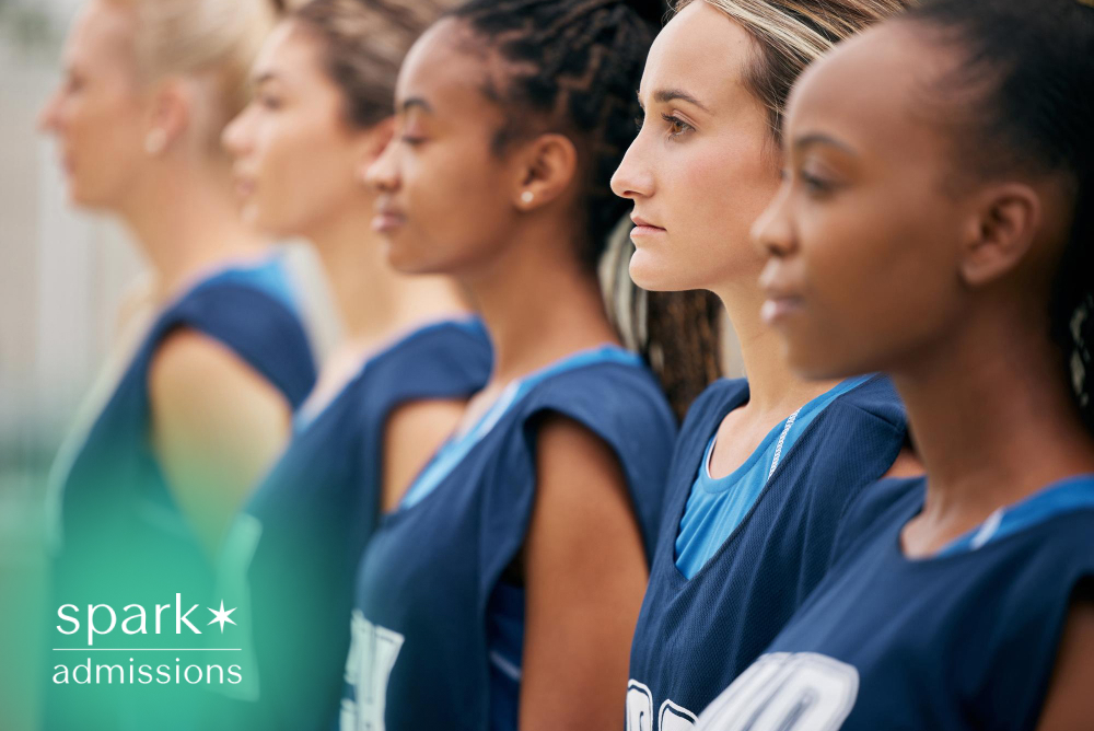 Diverse student athletes standing in a team lineup before a competition, representing high school sports, athletic recruitment, and college admissions opportunities.