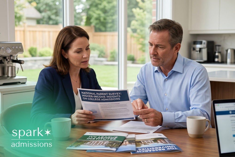 Parents reviewing college admissions information and university brochures together at a kitchen table while planning for their student's future.