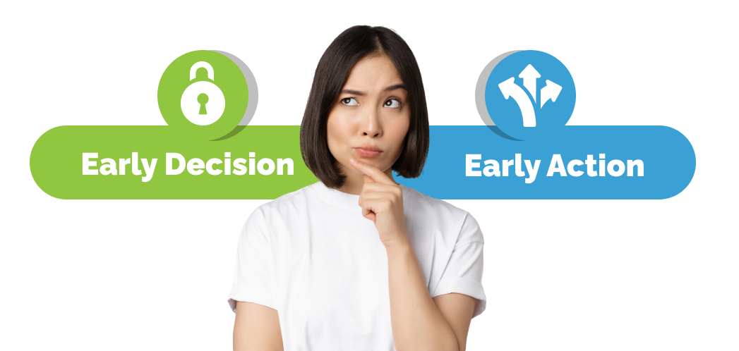 Young woman looking thoughtful while standing between icons labeled "Early Decision" with a lock symbol and "Early Action" with directional arrows, visually representing the question "What Does Early Action Mean" in the context of college admissions choices.