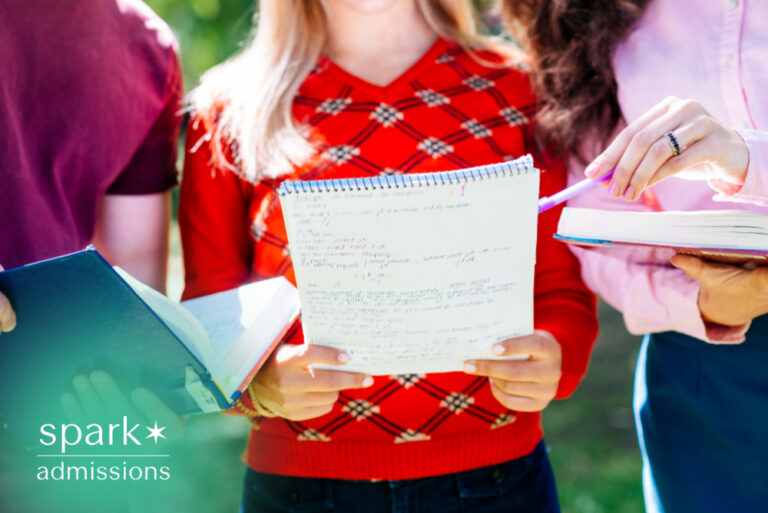 Students reviewing study notes and books outdoors