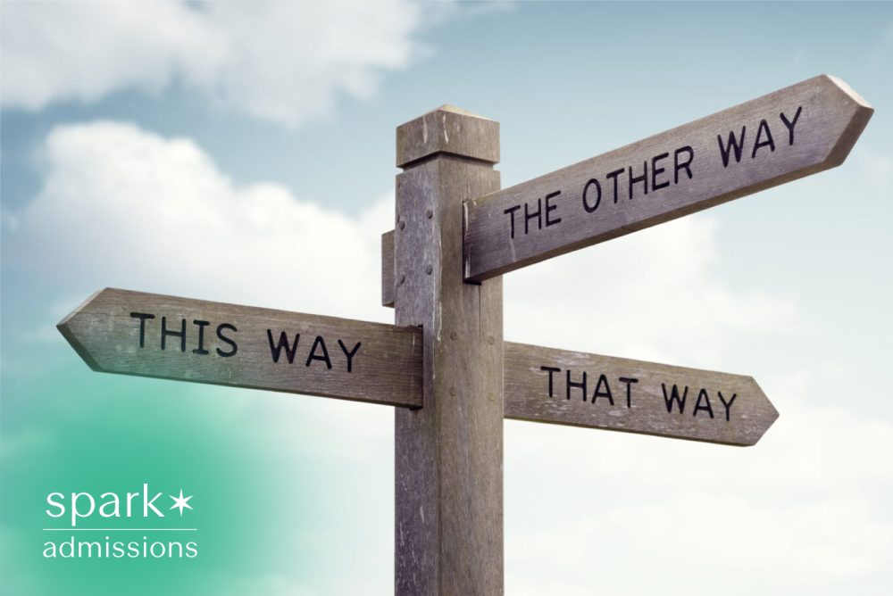 Wooden signpost showing multiple college decision paths