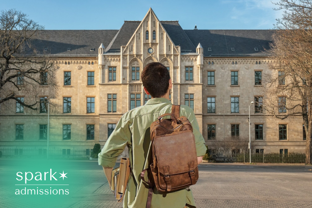 Student with backpack facing a historic university building