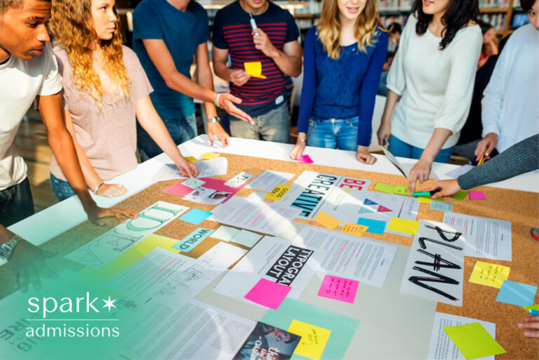Students planning a college project with notes on a board