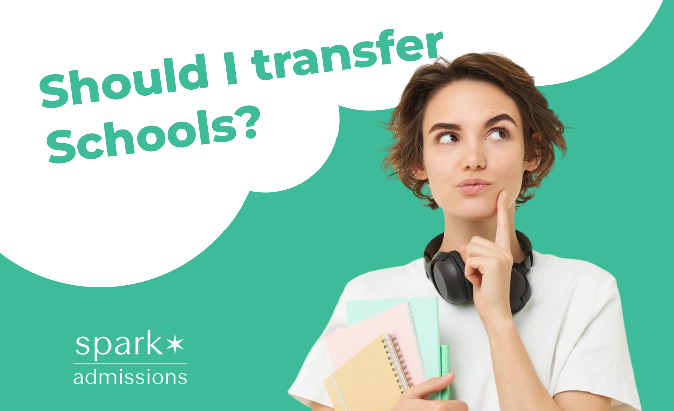A young student holding notebooks and a pen looks upward thoughtfully, with the question “Should I transfer schools?” displayed in a speech bubble,