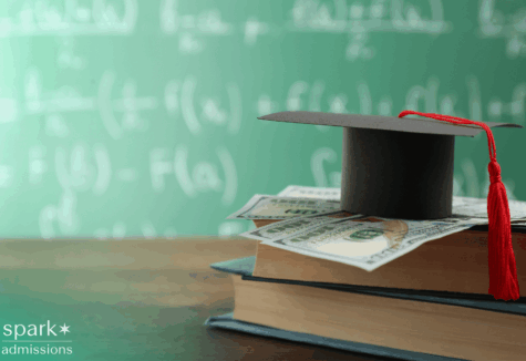 Graduation cap on books with dollar bills representing merit aid