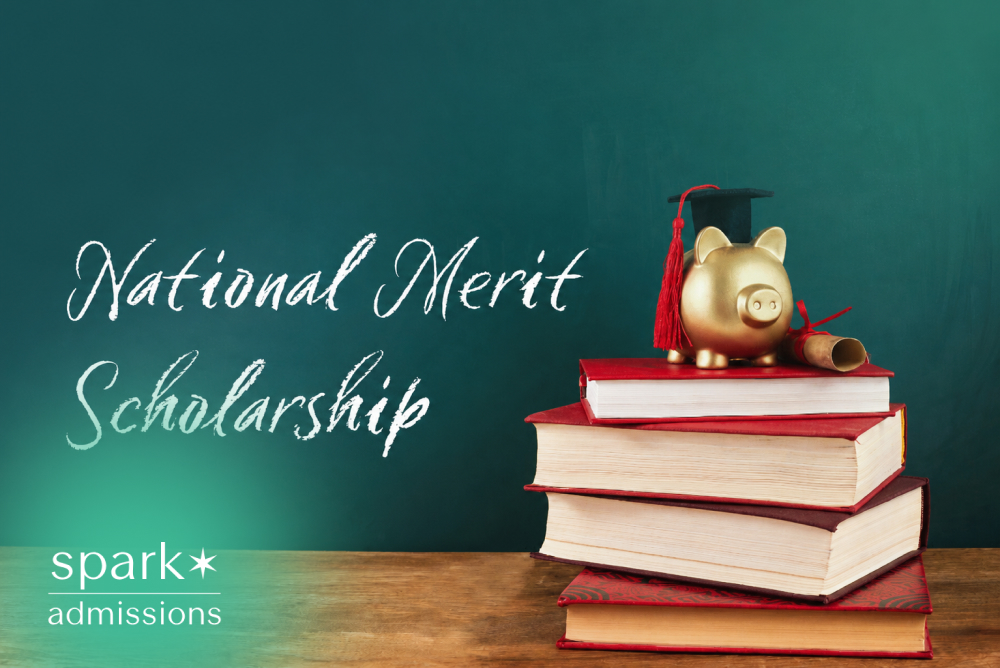 National Merit Scholarship concept with books and a graduation piggy bank