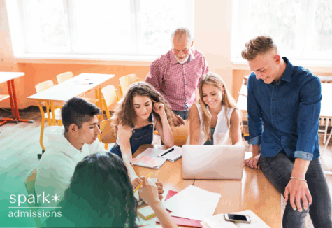 Group of high school students and a teacher collaborating around a laptop in a classroom setting.