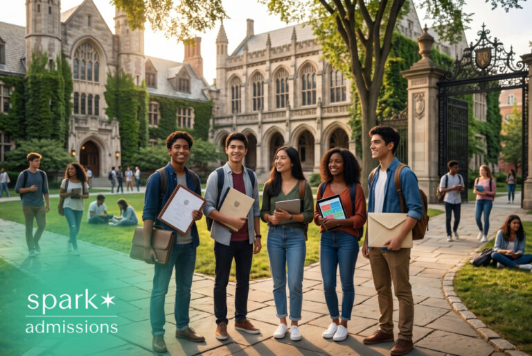 Students holding admissions folders on a university campus