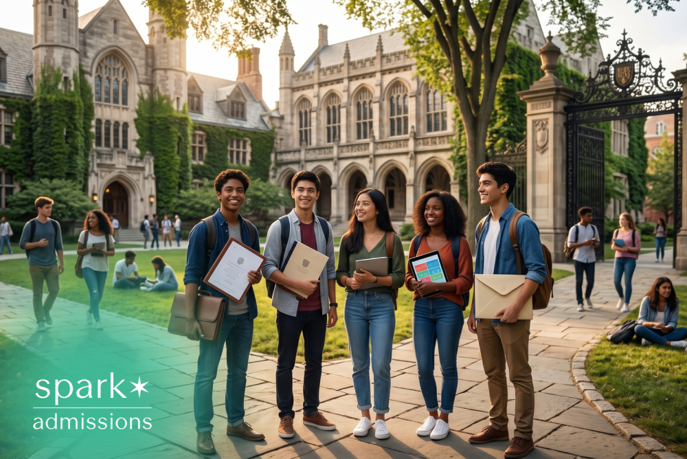 Students holding admissions folders on a university campus
