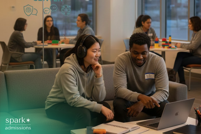 Autistic college student meeting with a peer mentor in a welcoming university student center focused on success and wellness.