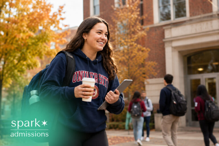 College student walking on campus with backpack, tablet, and coffee