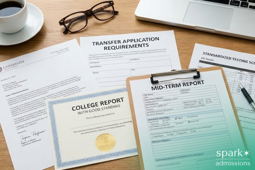 College transfer application requirements laid out on a table.