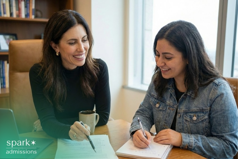College consultant advising a student on college transfer planning.