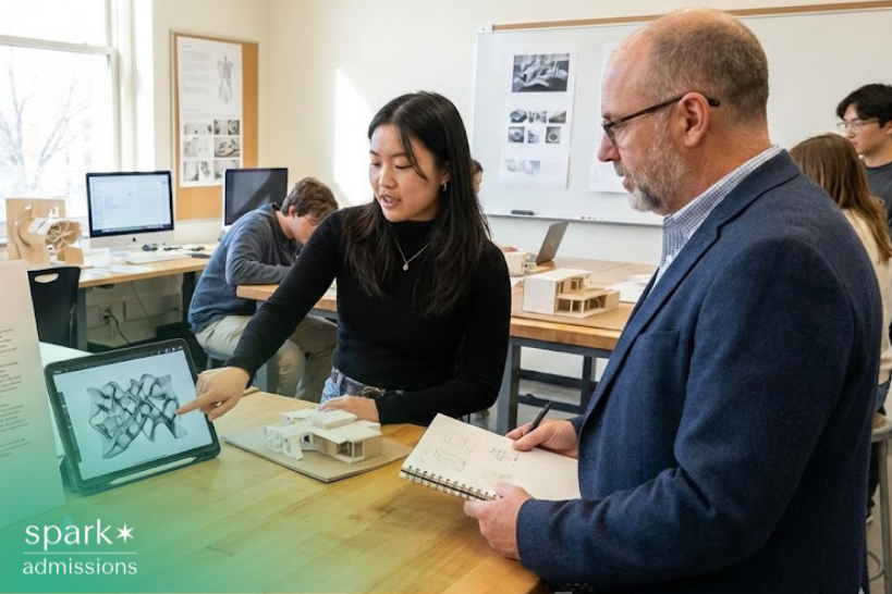 Student explaining AI-assisted artwork to a college professor.