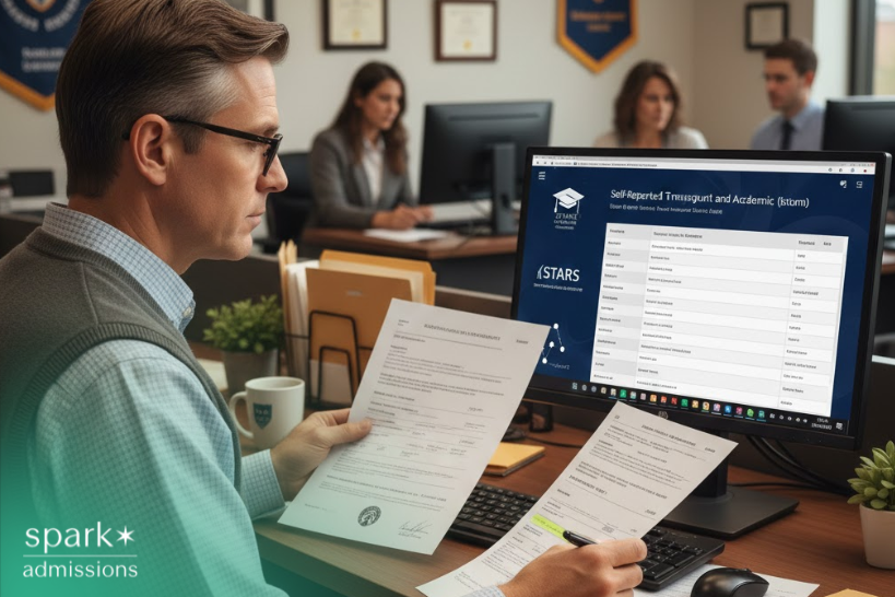 School administrator reviewing student transcripts and academic records on a computer displaying the Self-Reported Transcript and Academic Record system.