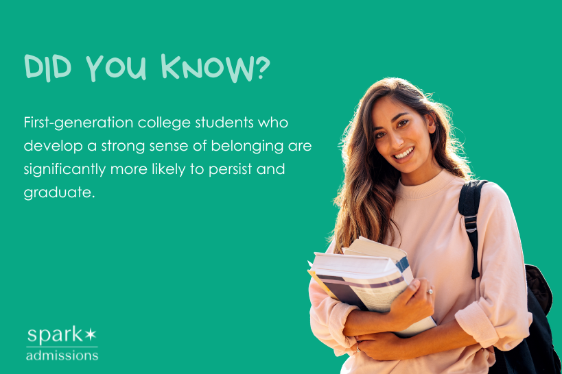 Smiling first-generation college student holding textbooks and wearing a backpack against a green background with text about college persistence and belonging.