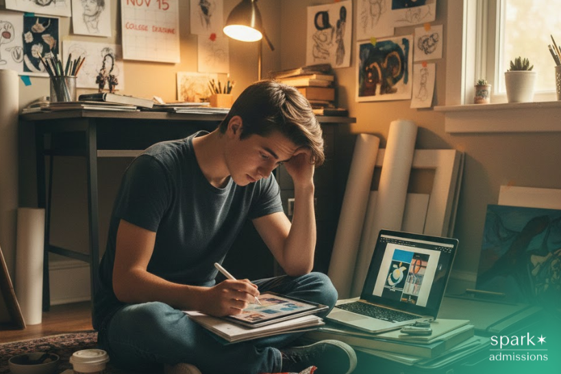 High school student working on an art portfolio at home, sketching in a notebook with a laptop displaying digital artwork and drawings pinned on the wall behind him.