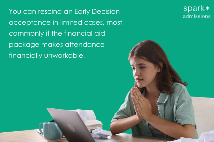 Young woman sitting at a desk looking worried while reading information on her laptop about rescinding an Early Decision acceptance due to financial aid concerns.