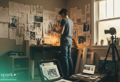 Student artist reviewing and arranging sketches on a wall in a home studio, with laptop and art portfolio materials nearby.