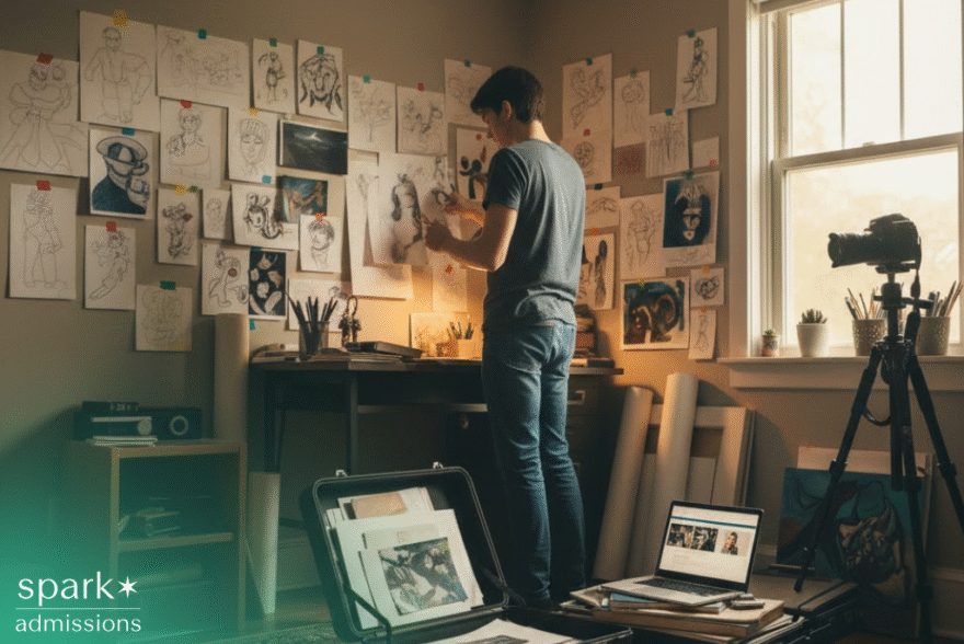 Student artist reviewing and arranging sketches on a wall in a home studio, with laptop and art portfolio materials nearby.