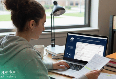 College student completing the Self-Reported Transcript and Academic Record System (STARS) on a college admissions portal while reviewing academic documents.