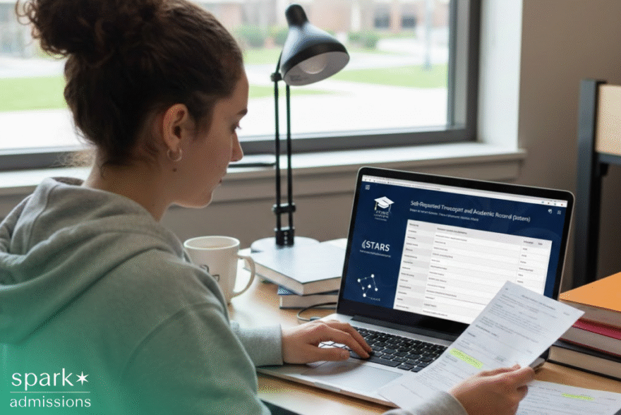 College student completing the Self-Reported Transcript and Academic Record System (STARS) on a college admissions portal while reviewing academic documents.