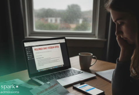Young woman sitting at a desk looking concerned while reading a laptop screen displaying a “Rescinded Early Decision Offer” message, with papers and a phone nearby.