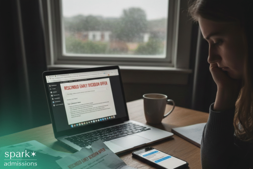 Young woman sitting at a desk looking concerned while reading a laptop screen displaying a “Rescinded Early Decision Offer” message, with papers and a phone nearby.