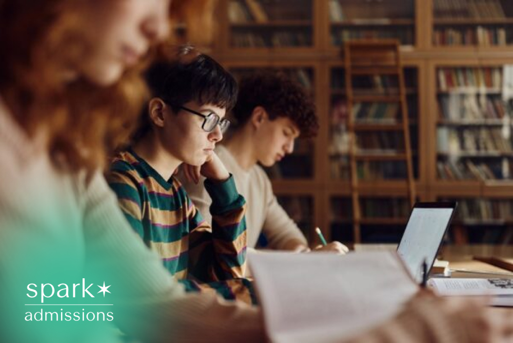 Students studying together in a library with books, laptop, and notes