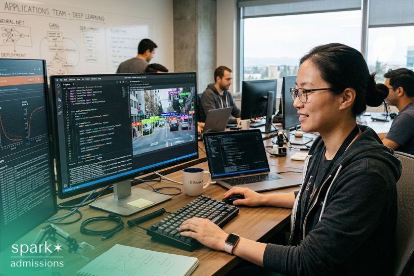 AI engineer working at a desk with multiple monitors showing machine learning code, model training graphs, and computer vision outputs in a collaborative lab office.