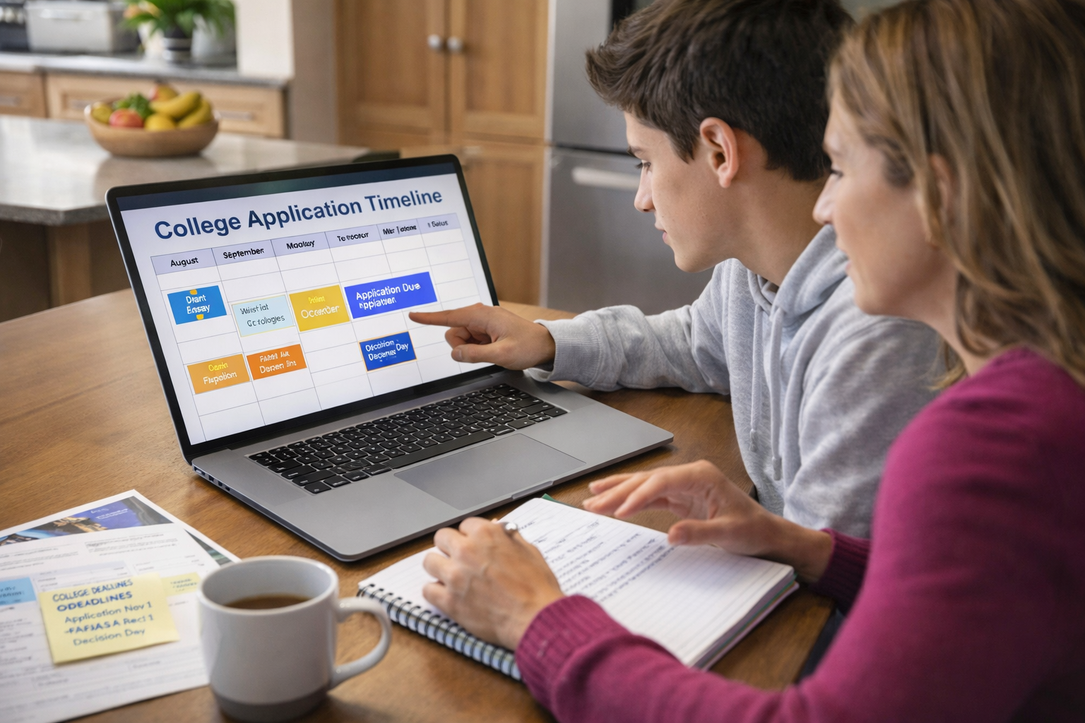 Student and parent reviewing a college application timeline on a laptop, discussing deadlines and planning next steps together at a table.