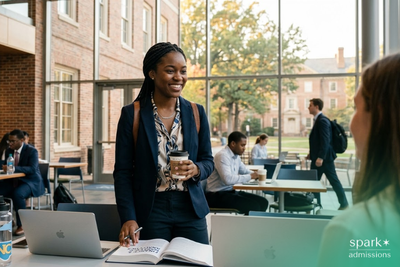 College student in a blazer smiles while holding a coffee and talking with a classmate in a campus study lounge, with laptops and other students in the background.