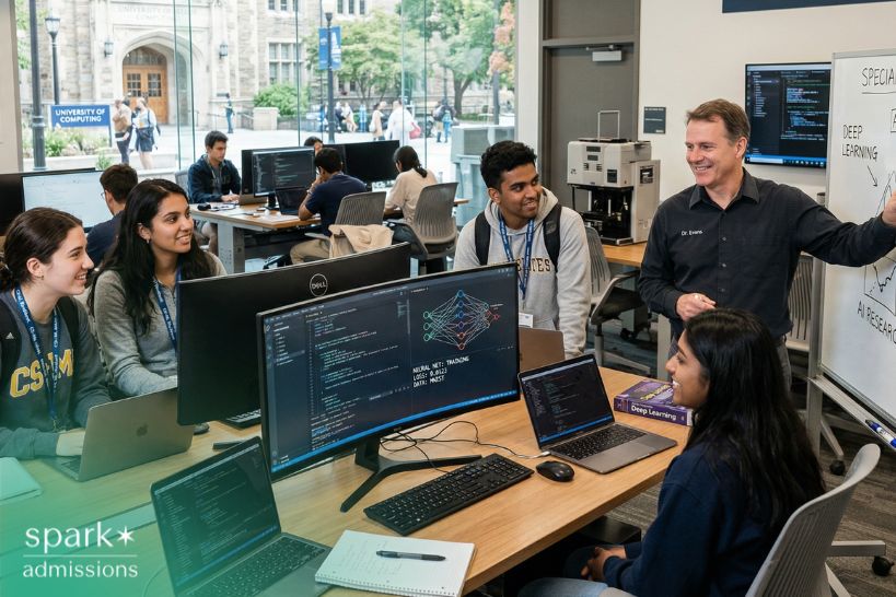 Computer science and machine learning lab classroom where an instructor teaches a CS & ML specialized track as students code on laptops and large monitors.