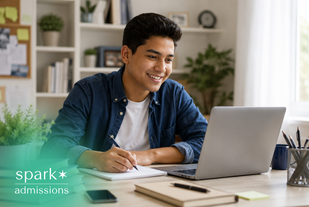 Student taking notes while studying on a laptop at a home desk