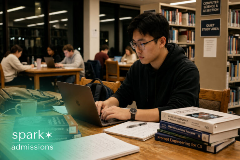 Student studying AI and computer science with laptop, textbooks, and notes in a library