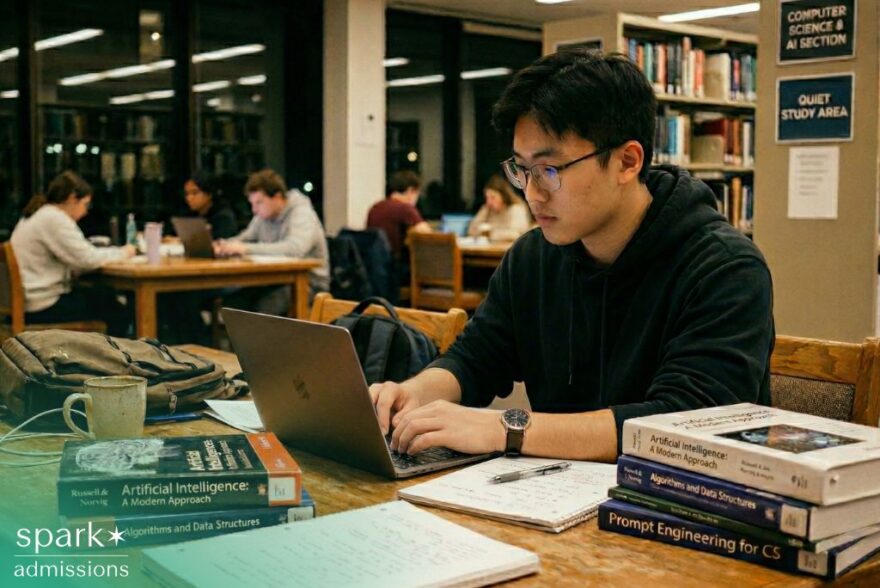 Student studying on a laptop in a quiet library, with computer science and AI textbooks and notes spread out on the table.